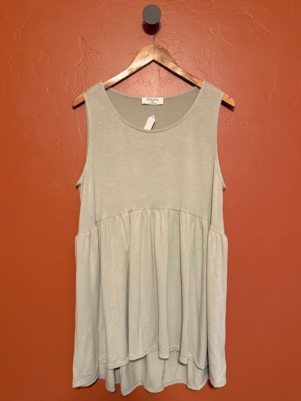 Zenana Light Sage Green Flowy Peplum Tank Top NEW